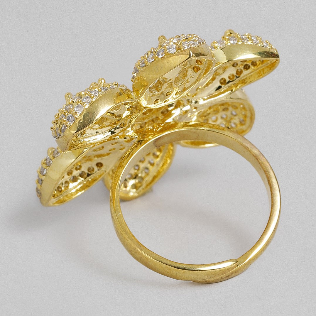 Laida Gold-Plated Handcrafted American Diamond Studded Floral Ring