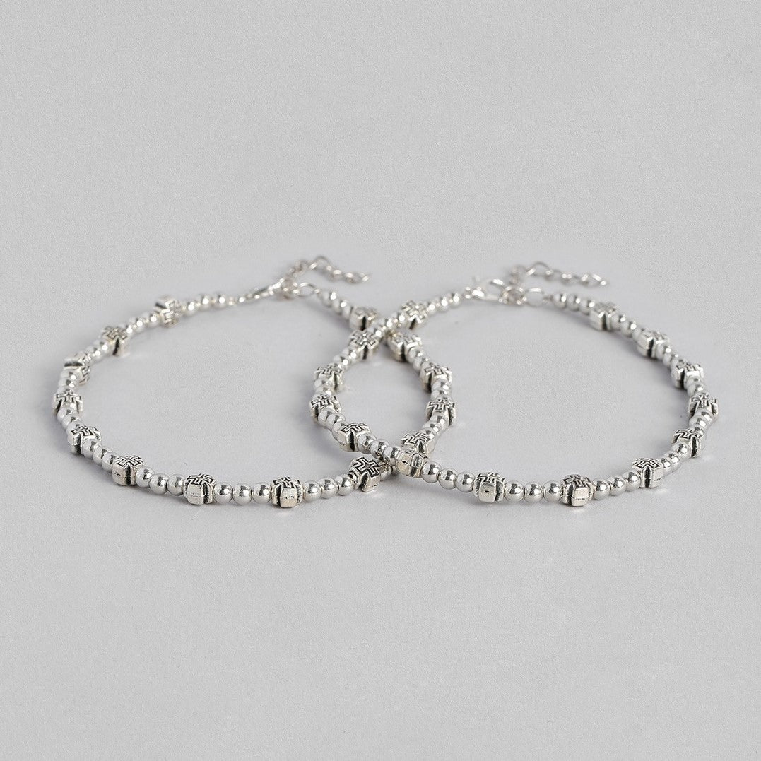 Laida Set of 2 Oxidized Silver-Plated Beaded Handcrafted Anklets