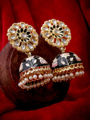 Black & Gold-Plated Enameled Meenakari Dome Shaped Jhumkas