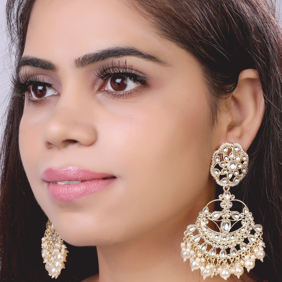 White Gold-Plated Handcrafted Kundan Studded Crescent Shaped Chandbalis