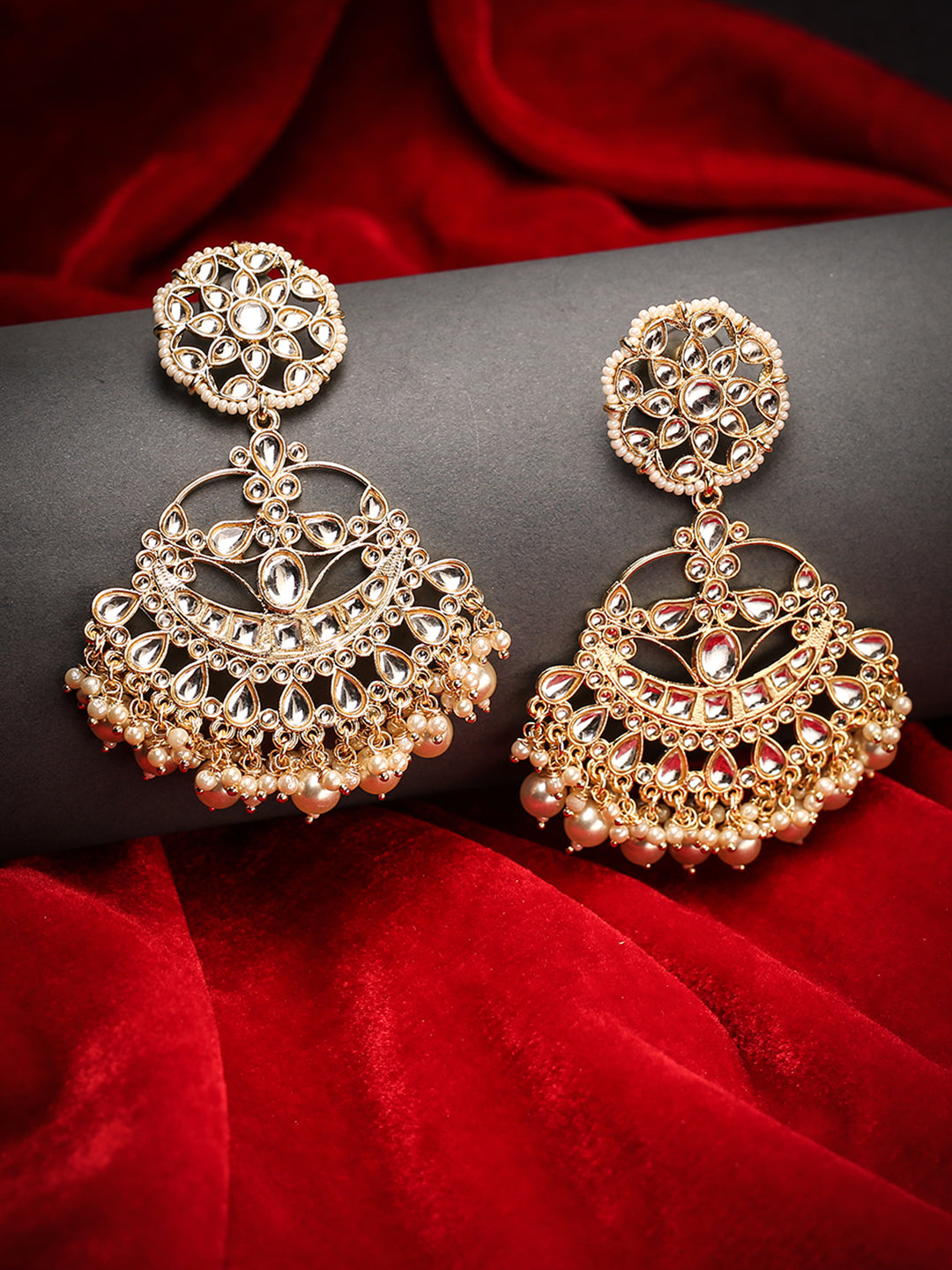 White Gold-Plated Handcrafted Kundan Studded Crescent Shaped Chandbalis