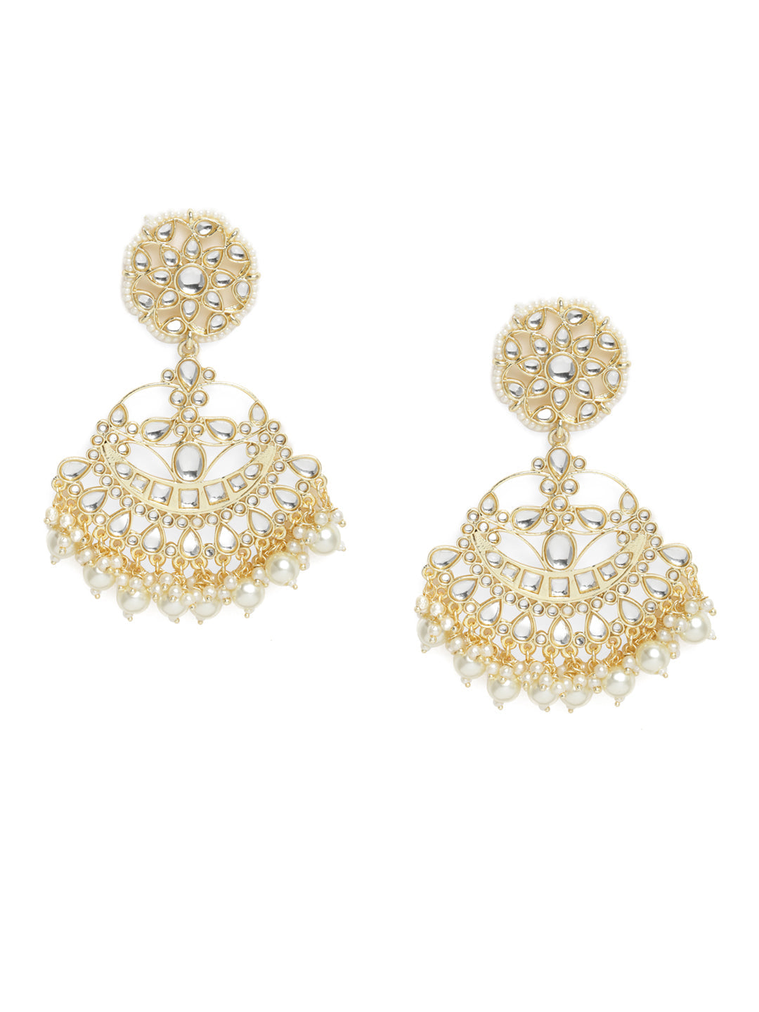 White Gold-Plated Handcrafted Kundan Studded Crescent Shaped Chandbalis