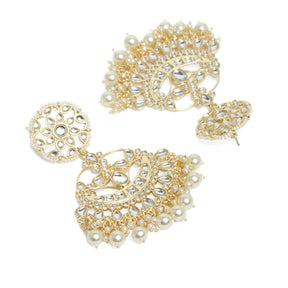 White Gold-Plated Handcrafted Kundan Studded Crescent Shaped Chandbalis