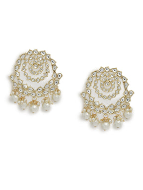 Gold-Toned & White Kundan-Studded Chandbalis