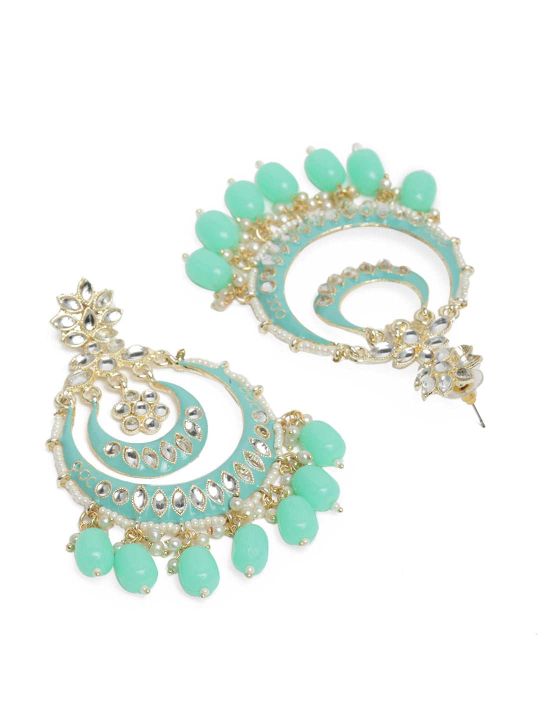 Sea Green & Gold-Plated Crescent Shaped Kundan Embellished Chandbalis