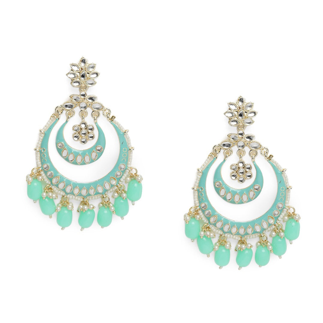 Laida Sea Green & Gold-Plated Crescent Shaped Kundan Embellished Chandbalis