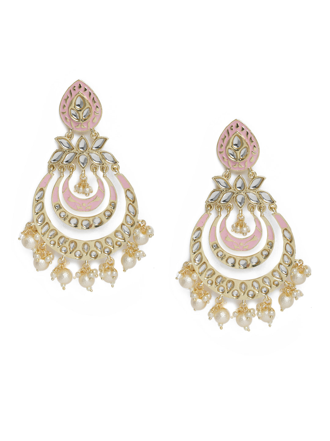 Laida Pink & Gold-Plated Kundan Embellished Crescent Shaped Chandbalis