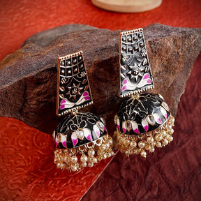 Black & Gold-Plated Enameled Dome Shaped Jhumkas