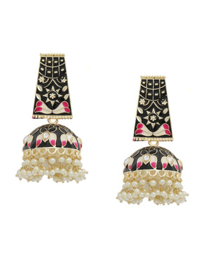 Black & Gold-Plated Enameled Dome Shaped Jhumkas