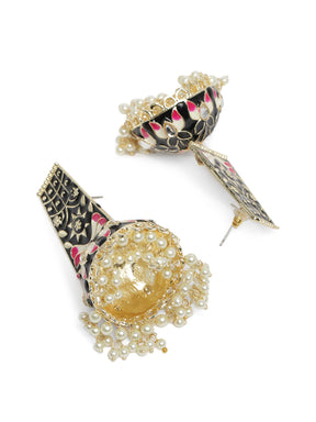 Black & Gold-Plated Enameled Dome Shaped Jhumkas