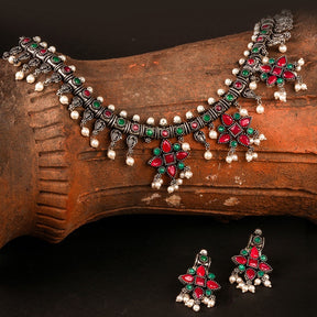 LAIDA Oxidised Silver-Plated Pink & Green Stone-Studded Beaded Jewellery Set