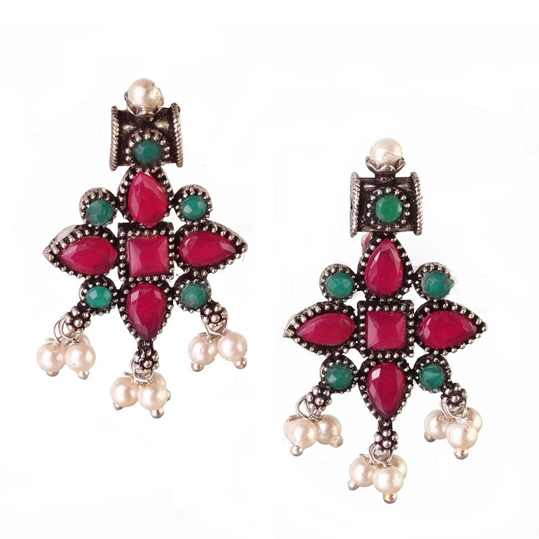 LAIDA Oxidised Silver-Plated Pink & Green Stone-Studded Beaded Jewellery Set