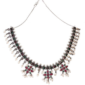 LAIDA Oxidised Silver-Plated Pink & Green Stone-Studded Beaded Jewellery Set