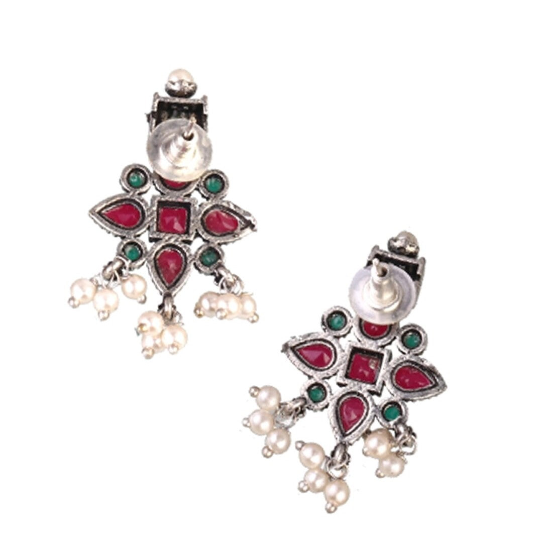 LAIDA Oxidised Silver-Plated Pink & Green Stone-Studded Beaded Jewellery Set