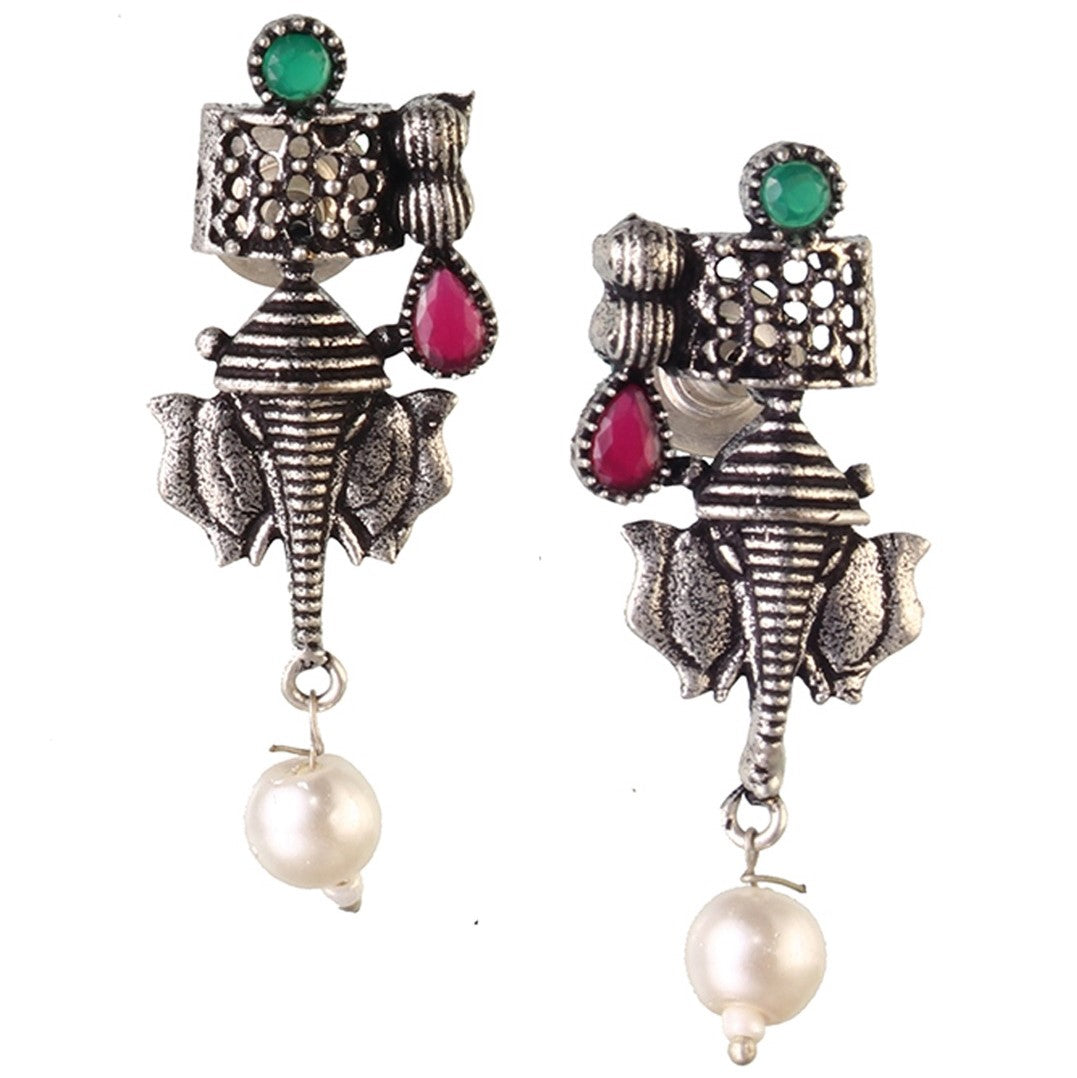 LAIDA Pink & Green Oxidised Silver Plated Stone-Studded Jewellery Set