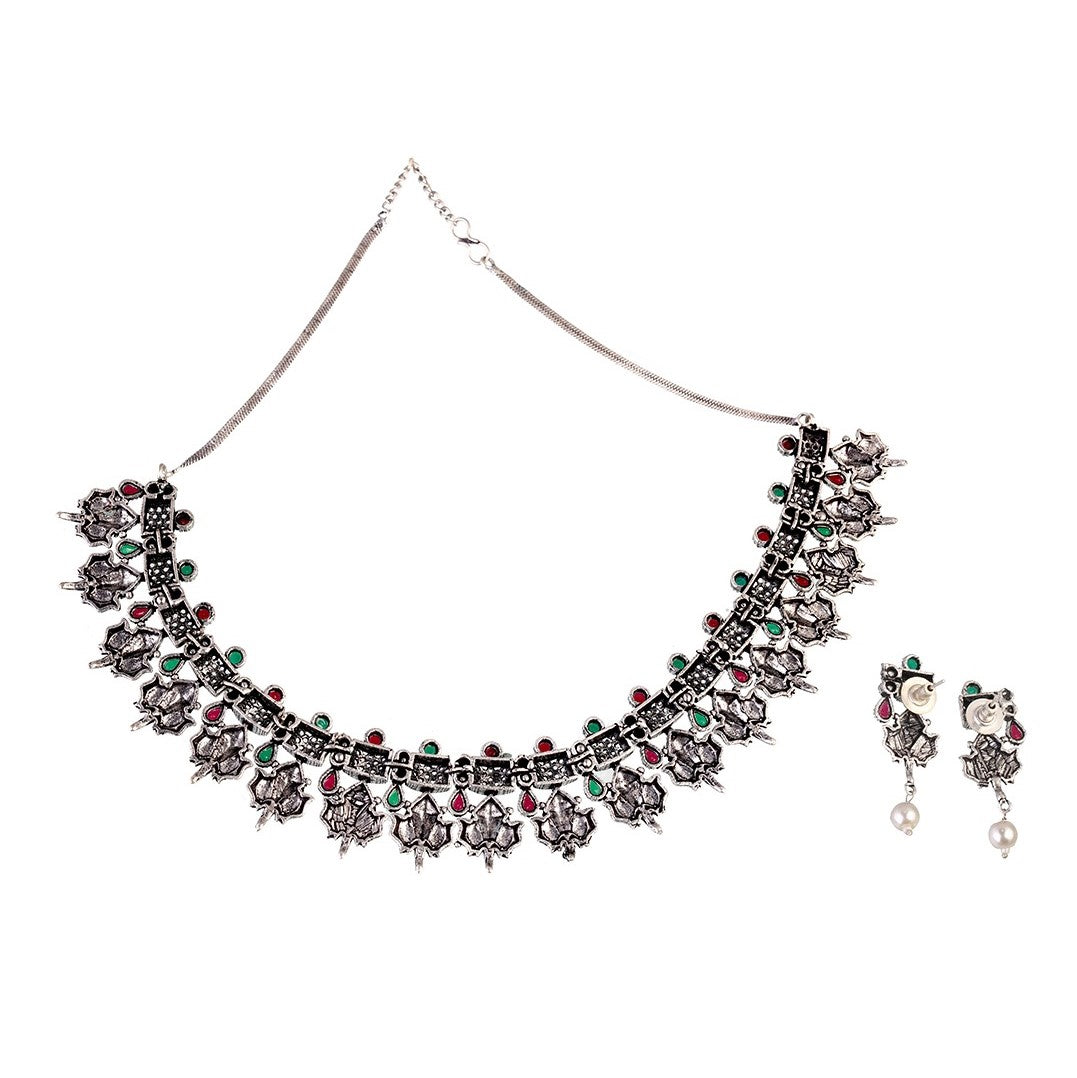 LAIDA Pink & Green Oxidised Silver Plated Stone-Studded Jewellery Set