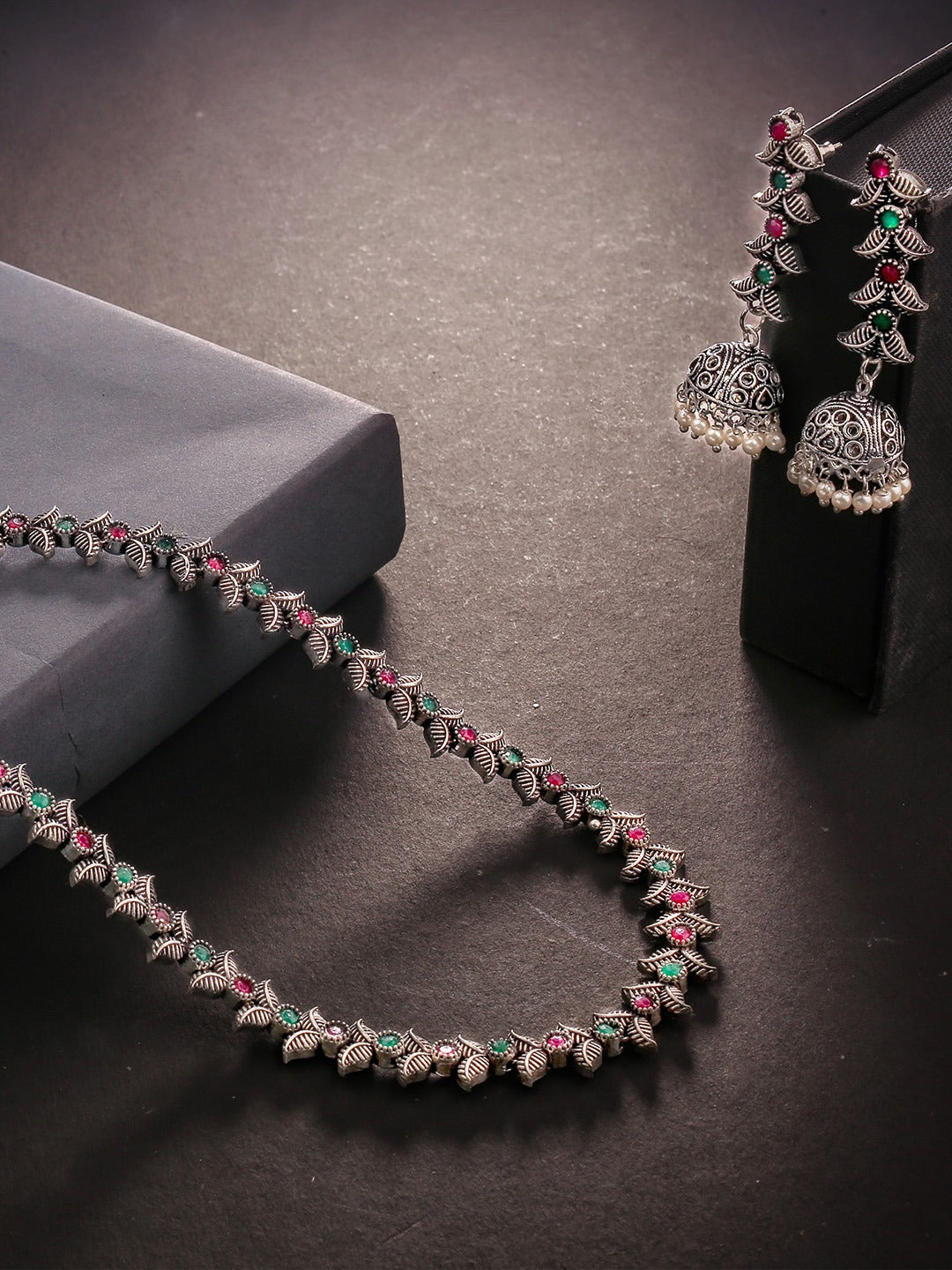 LAIDA Oxidised Silver-Plated Pink & Green Stone-Studded Jewellery Set