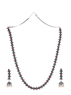 LAIDA Oxidised Silver-Plated Pink & Green Stone-Studded Jewellery Set