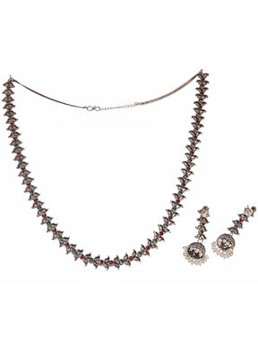 LAIDA Oxidised Silver-Plated Pink & Green Stone-Studded Jewellery Set