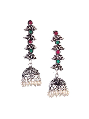 LAIDA Oxidised Silver-Plated Pink & Green Stone-Studded Jewellery Set
