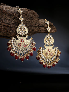 Gold-Plated & Red Kundan Studded Contemporary Chandbalis