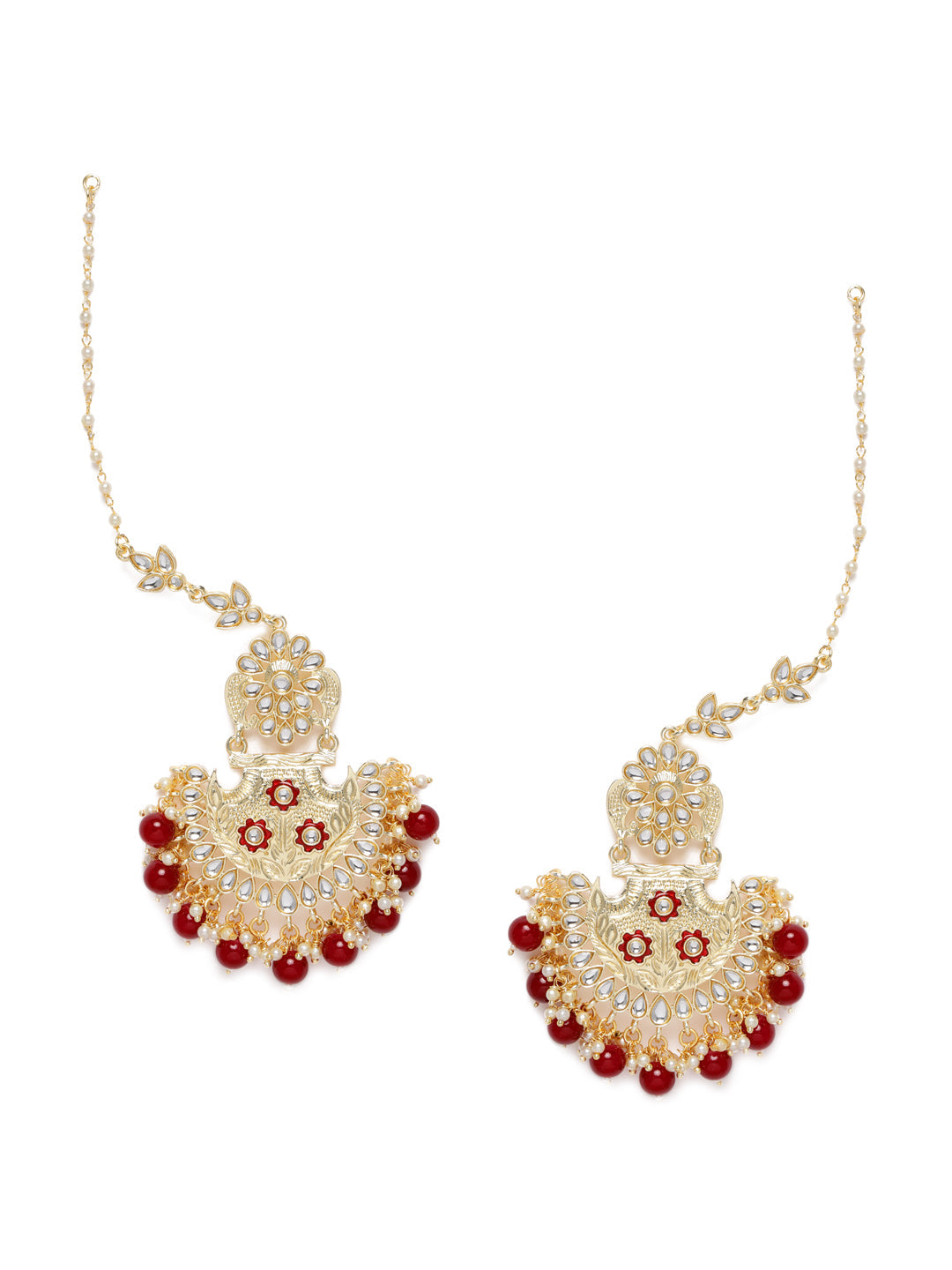 Gold-Plated & Red Kundan Studded Contemporary Chandbalis