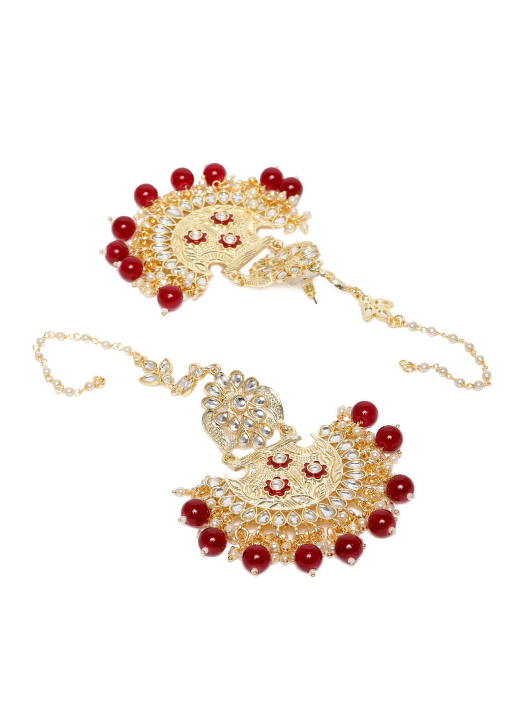 Gold-Plated & Red Kundan Studded Contemporary Chandbalis