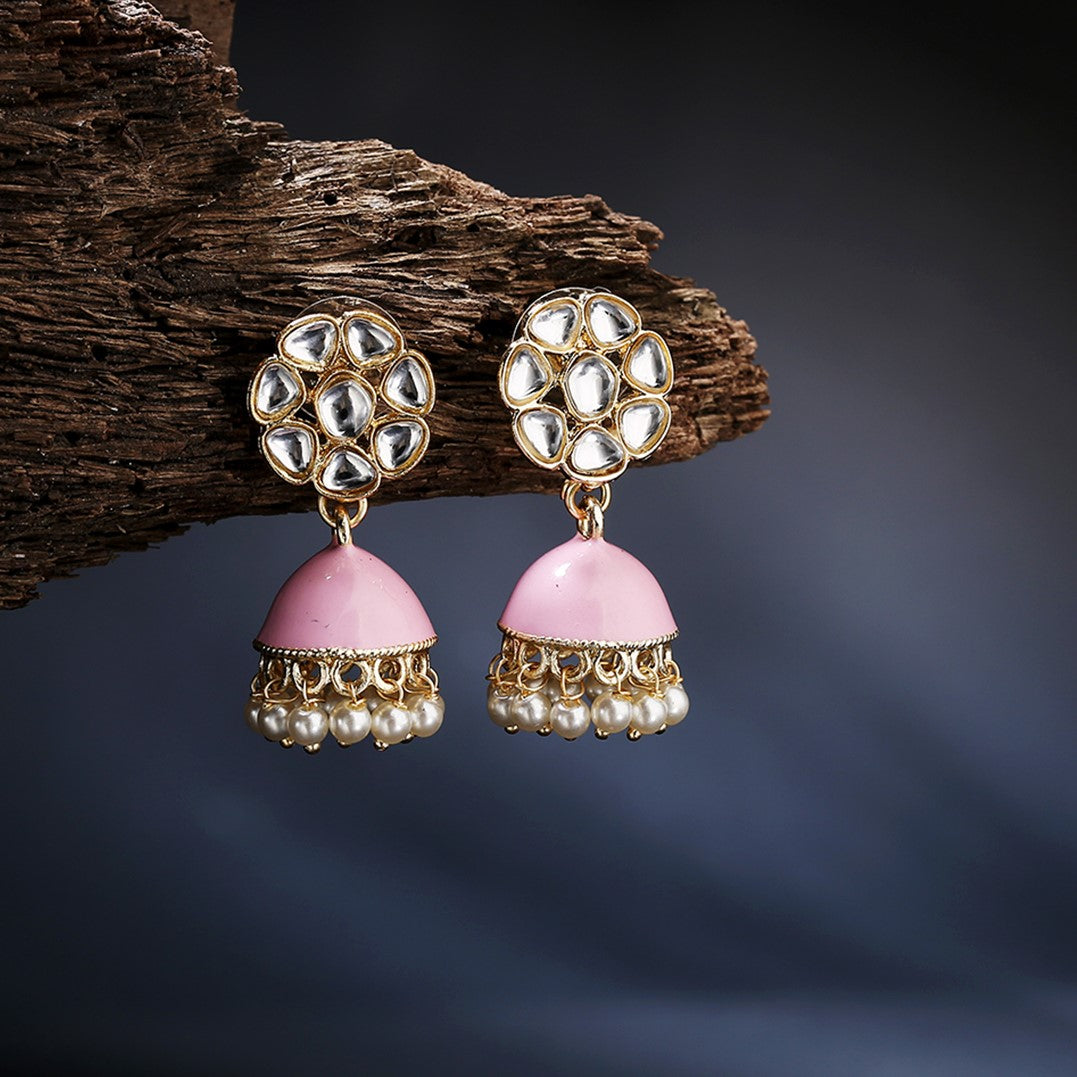 Pink Gold-Plated Dome Shaped Handcrafted Jhumkas