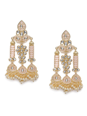 Pink Gold-Plated Handcrafted Enamelled Kundan & Pearls Studded Classic Drop Earrings