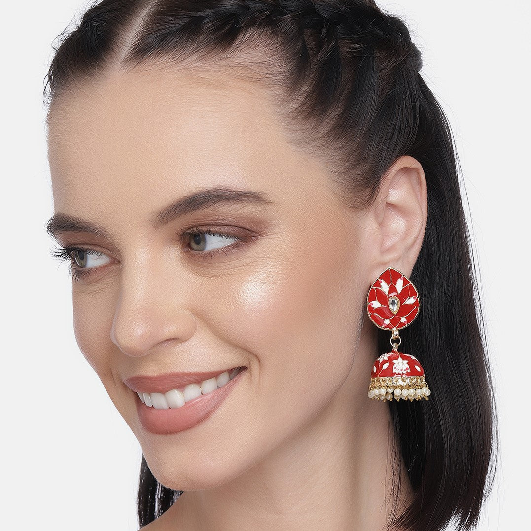Laida Red Gold Plated Enamelled Handcrafted Dome Shaped Jhumkas