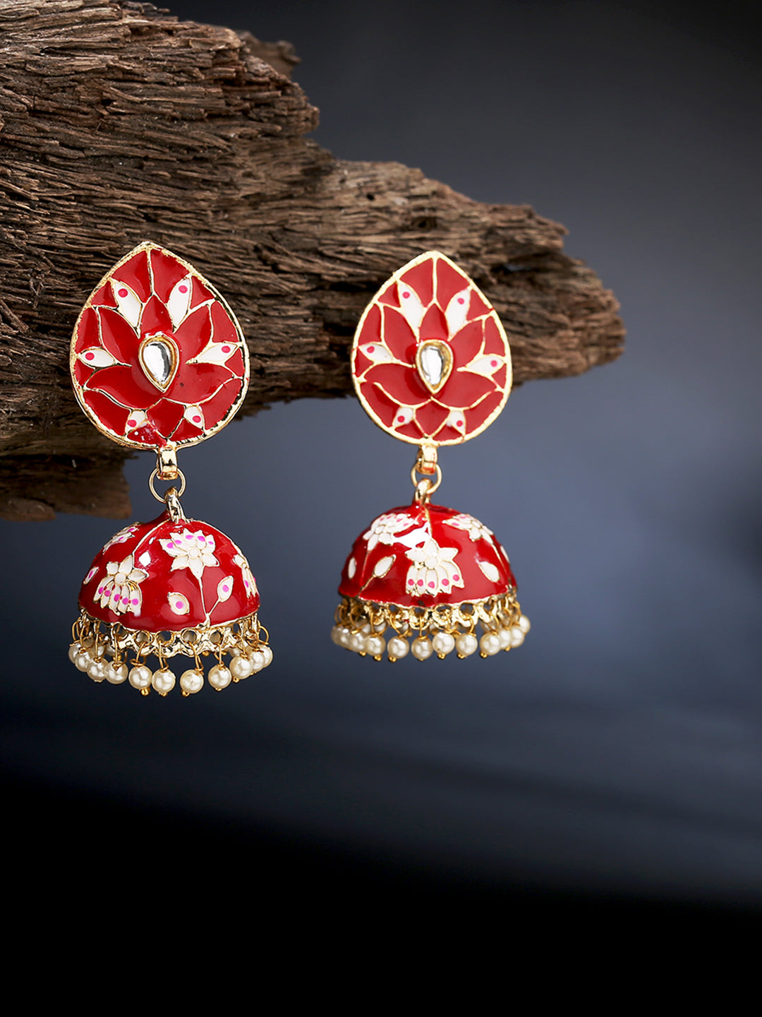 Laida Red Gold Plated Enamelled Handcrafted Dome Shaped Jhumkas