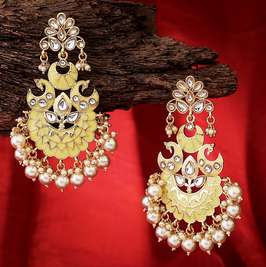Yellow Gold-Plated Handcrafted Kundan Studded Traditional Classic Drop Earrings