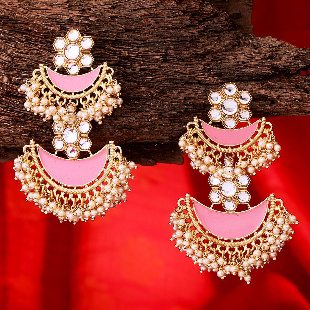 Pink Gold-Plated Handcrafted Layered Crescent Shaped Chandbalis