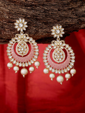 Pink Gold Plated Handcrafted Kundan Studded Traditional Classic Drop Earrings