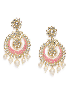 Pink Gold Plated Handcrafted Kundan Studded Traditional Classic Drop Earrings