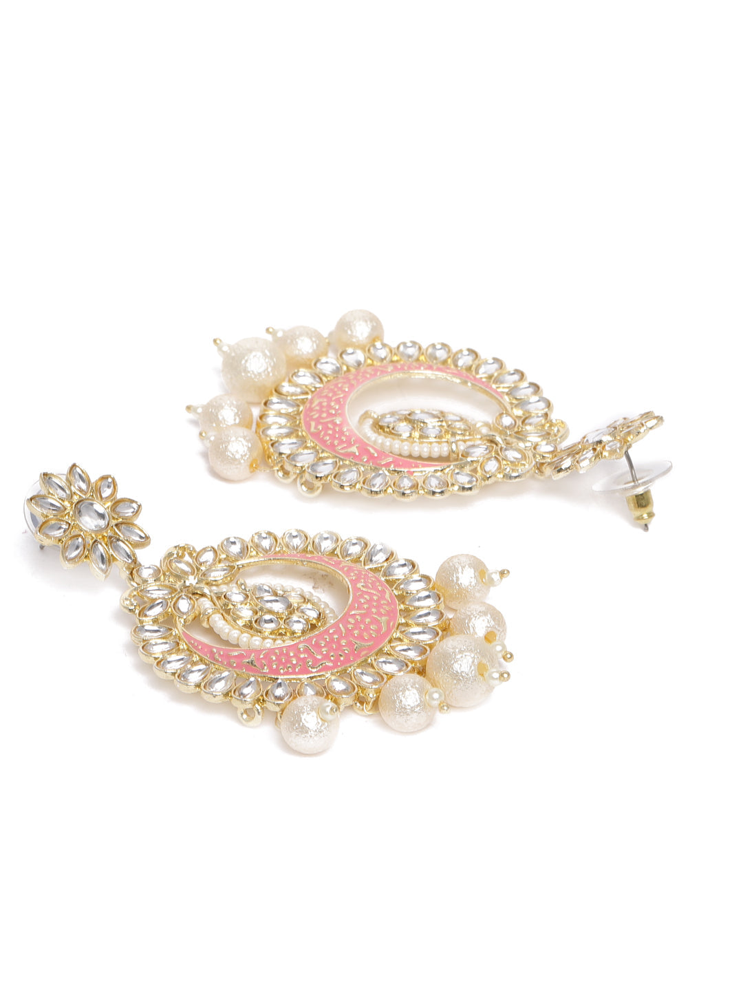 Pink Gold Plated Handcrafted Kundan Studded Traditional Classic Drop Earrings