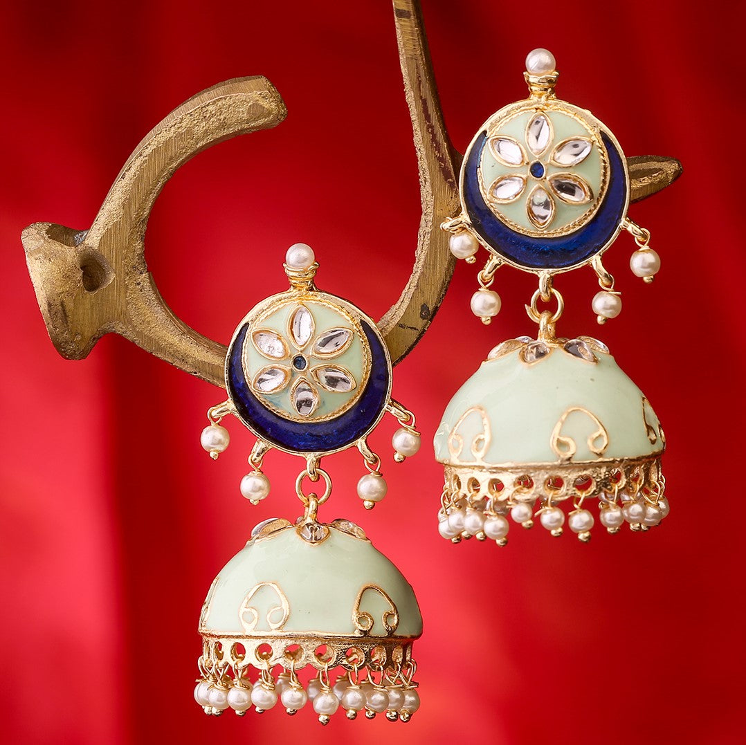 Sea Green & Gold-Toned Gold Plated Dome Shaped Handcrafted Jhumkas