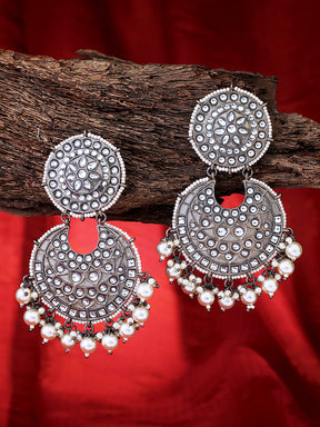 Silver-Toned Rhodium Plated Kundan Studded Circular Chandbalis