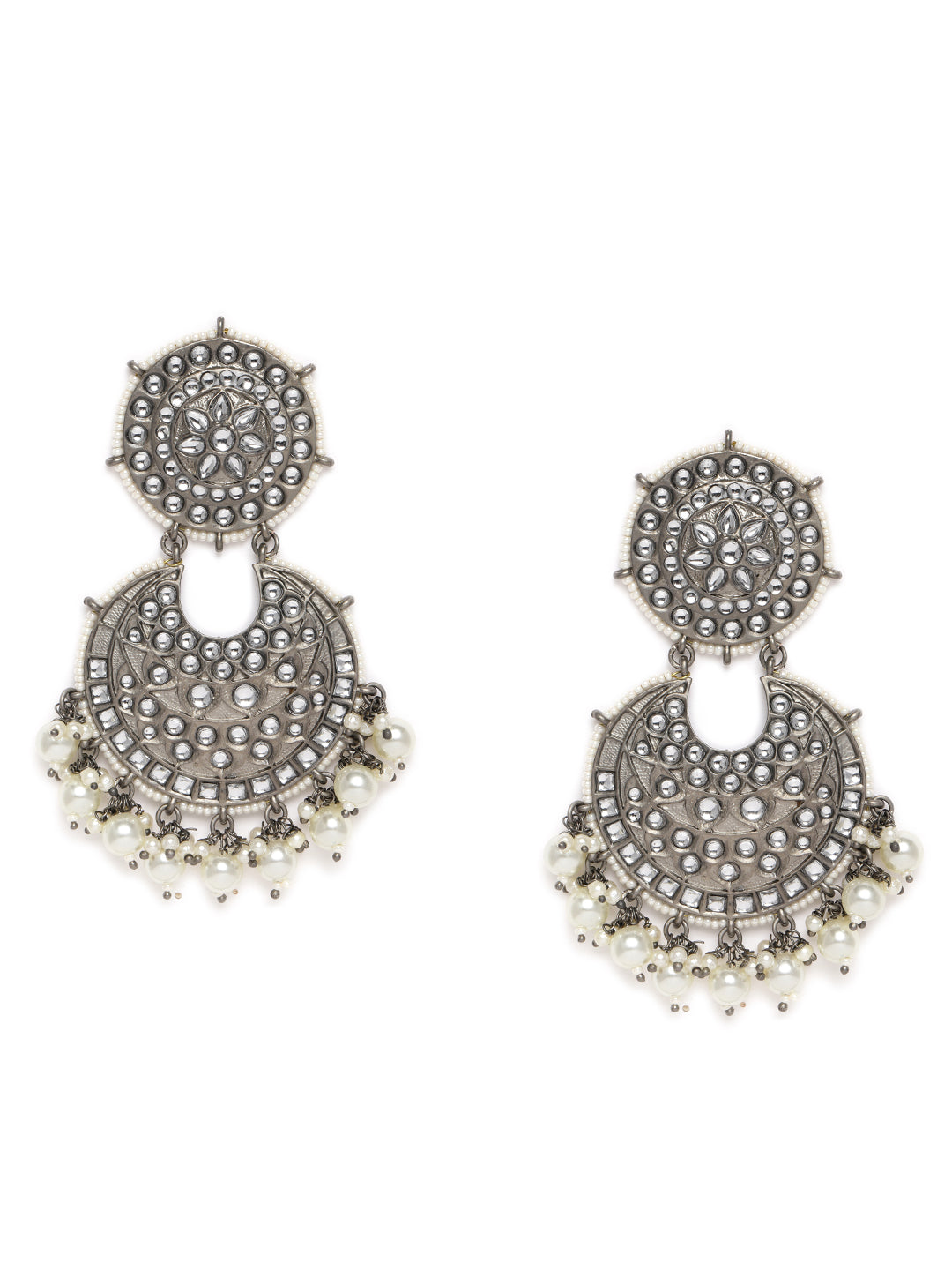 Silver-Toned Rhodium Plated Kundan Studded Circular Chandbalis