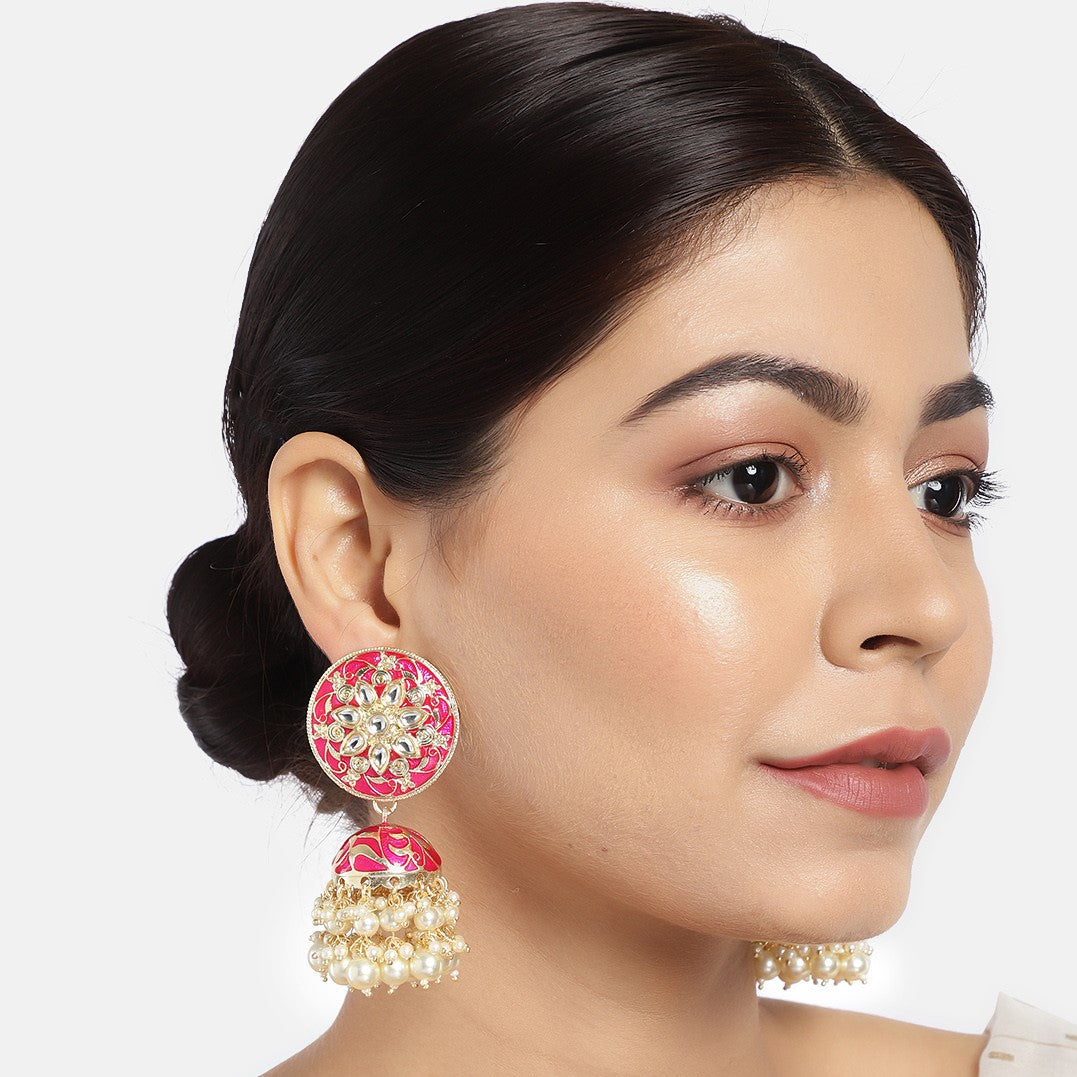 Pink & Gold-Plated Enamelled Stone-Studded Dome Shaped Jhumkas