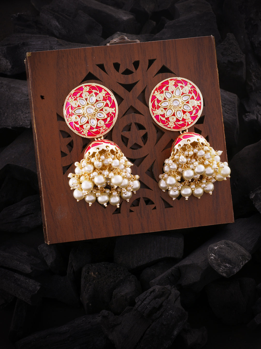 Pink & Gold-Plated Enamelled Stone-Studded Dome Shaped Jhumkas