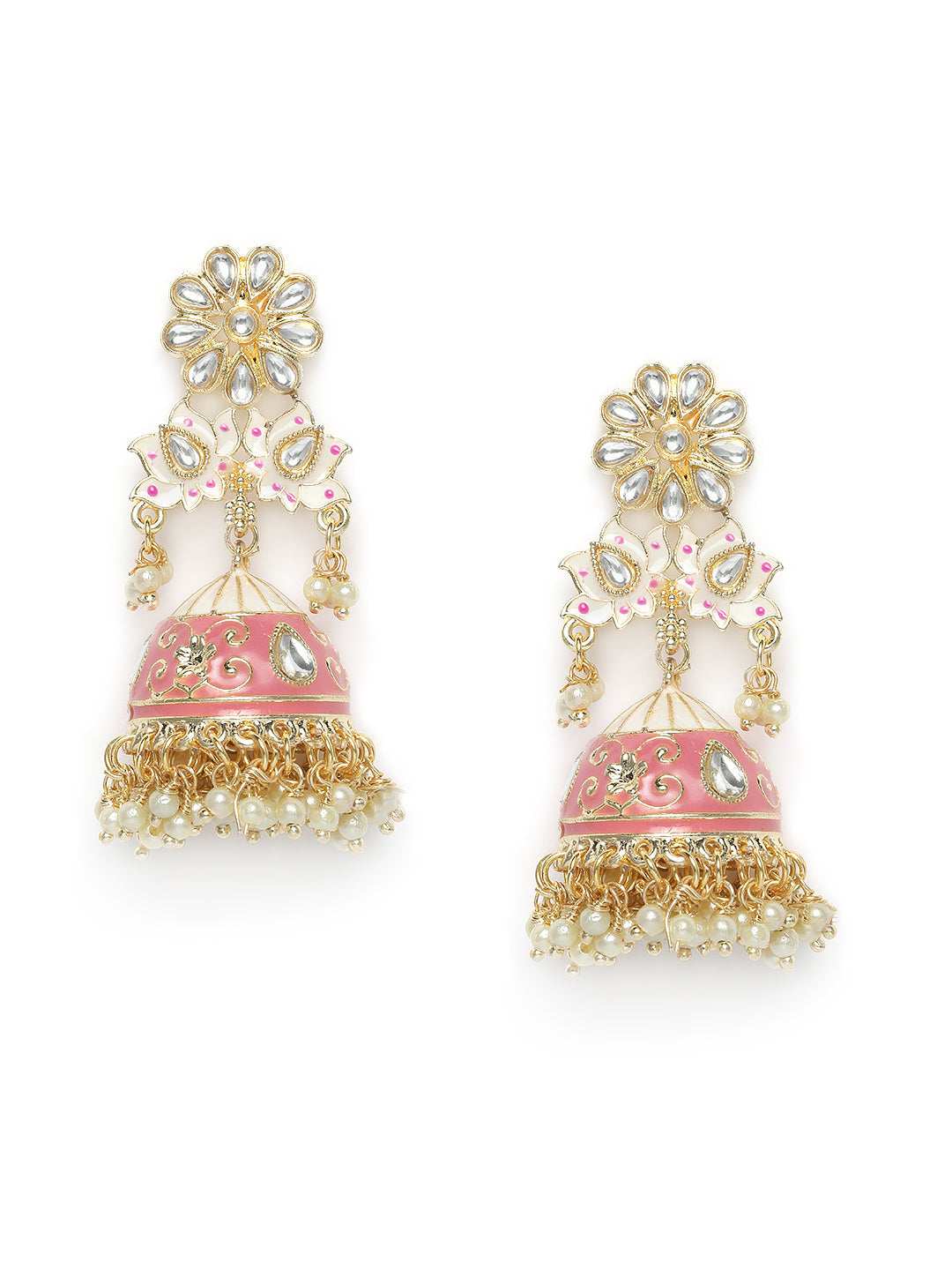 Gold-Plated & Pink Enamelled Stone Studded Shaped Jhumkas