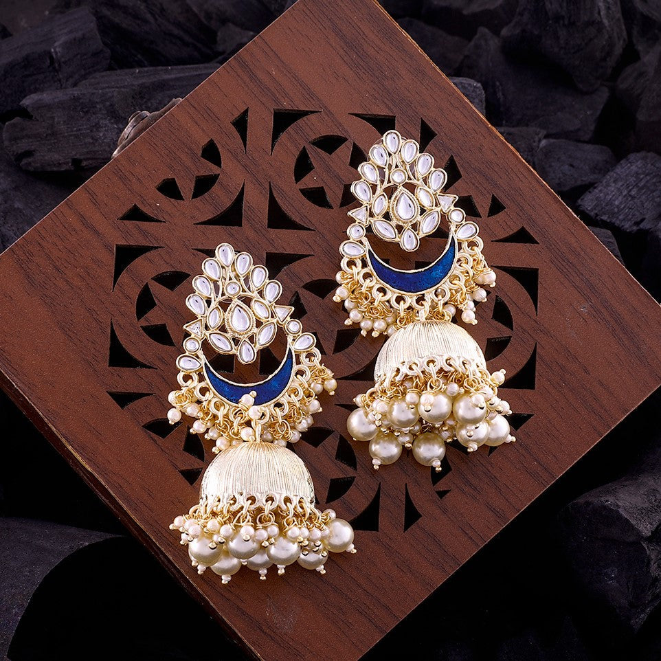 Laida White & Navy Blue Gold-Plated Hand Painted Dome Shaped Jhumkas