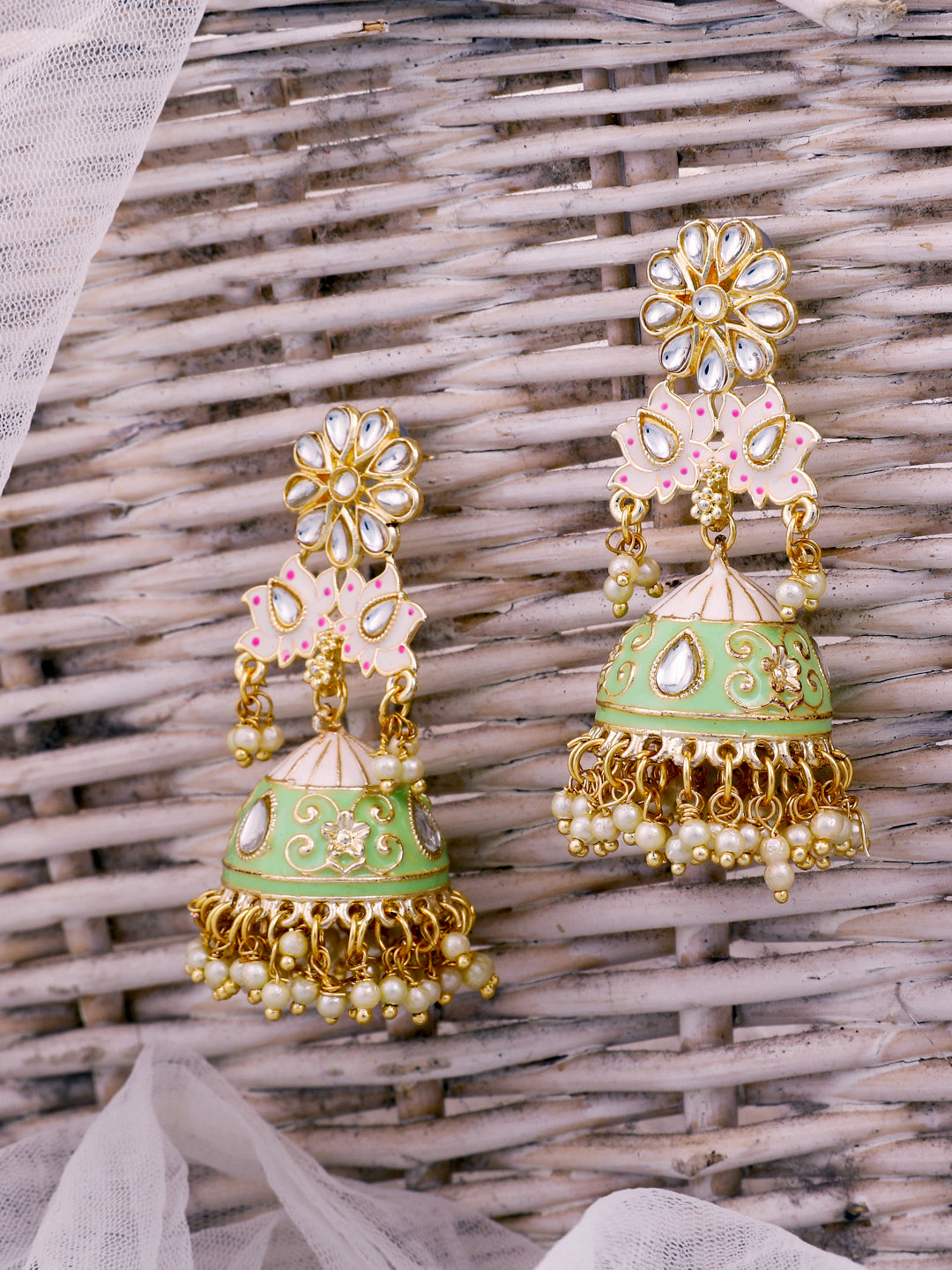 Green & Gold-Plated Handcrafted Enamelled Jhumkas