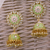 Sea Green & Gold-Plated Enamelled Dome Shaped Jhumkas