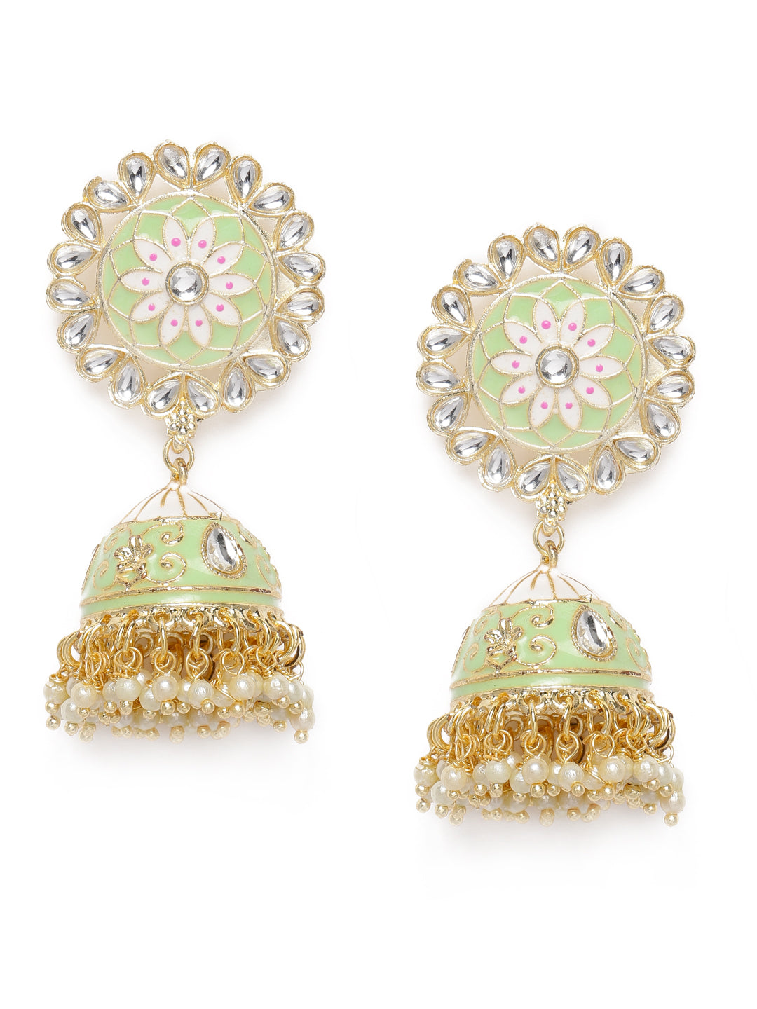 Sea Green & Gold-Plated Enamelled Dome Shaped Jhumkas