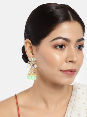 Gold-Toned & Sea Green Stone-Studded Handcrafted Classic Jhumkas