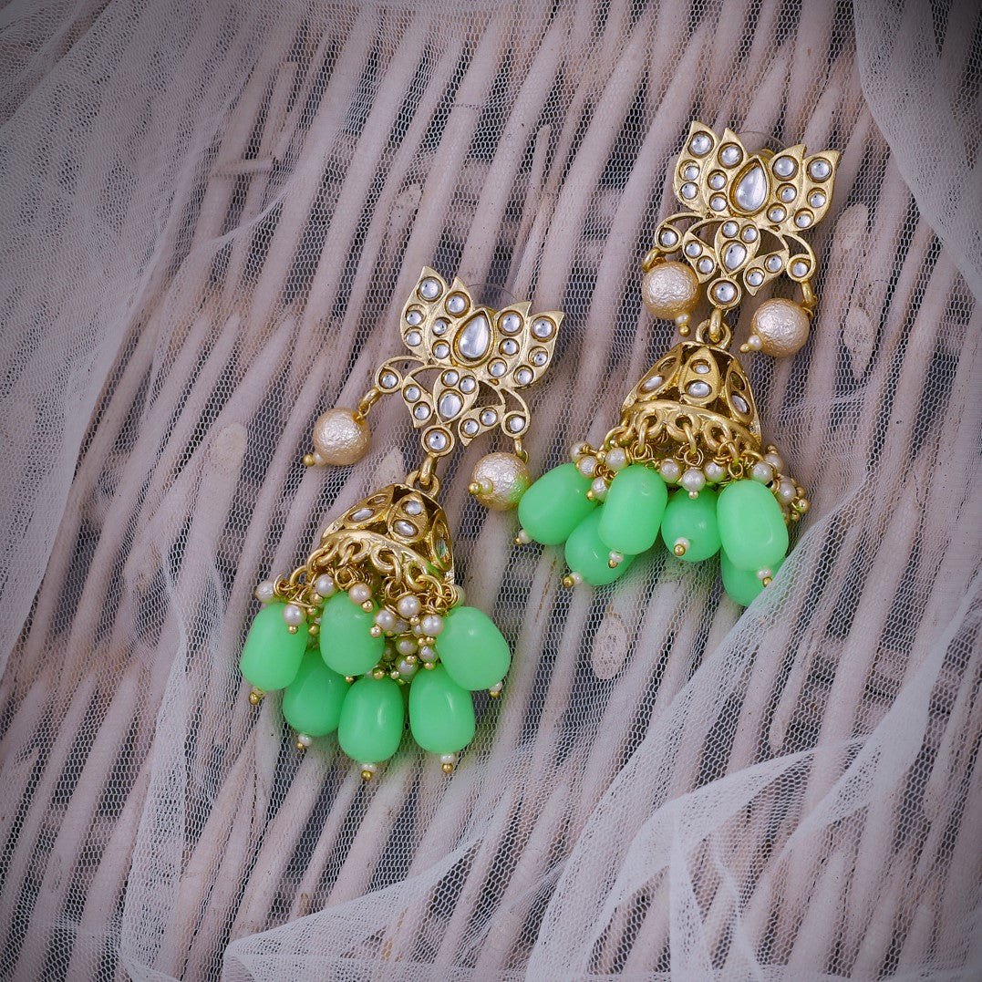 Gold-Toned & Sea Green Stone-Studded Handcrafted Classic Jhumkas