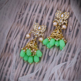 Gold-Toned & Sea Green Stone-Studded Handcrafted Classic Jhumkas