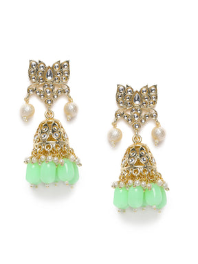 Gold-Toned & Sea Green Stone-Studded Handcrafted Classic Jhumkas